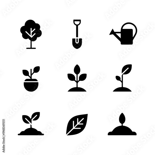 ree Planting Icon Set in Minimal Vector – Tree, Shovel, Watering Can, Sapling, Leaf, Earth

