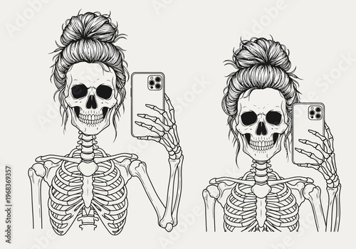 Skeleton Women with Messy Bun Hair Taking Selfies on Smartphones, Line Art Illustration for Social Media and Humor