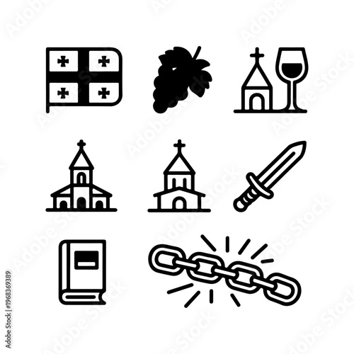 Simple Line Icons Pack for Georgian Independence Day – St. George Cross, Grapevine & Wine Glass, Church Tower, Sword, Book, Breaking Chain
