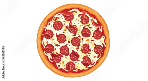 A delightful, top-down view of a classic pepperoni pizza with melted cheese and herbs, ready to be enjoyed by all