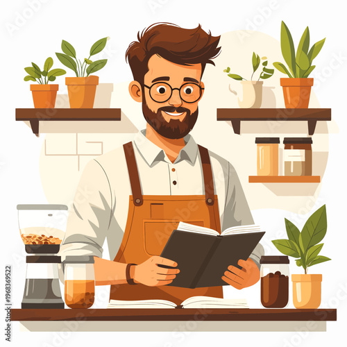 Man with Beard Reading Cookbook Surrounded by Plants.