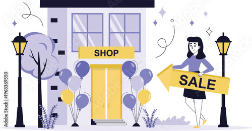 Woman holding sale sign outside cheerful shop with balloons and decorative street lamps