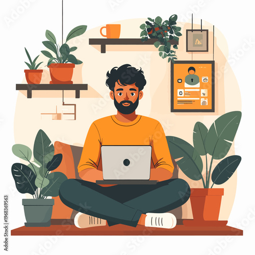Man working on laptop at home surrounded by plants.