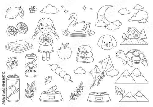 Cute Kawaii Coloring Page Elements Collection with Girl, Animals, Food, and Nature Icons
