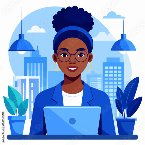 Professional Woman Working on Laptop in Modern Office Setting.