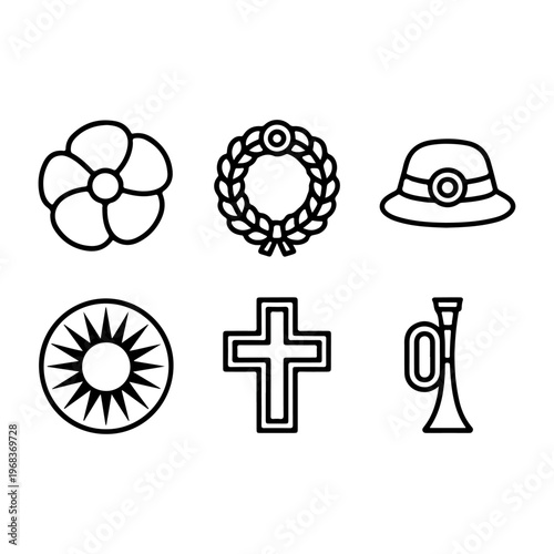Simple Line Icons Pack for ANZAC Day – Poppy, Wreath, Soldier Hat, Rising Sun Badge, Cross, Bugle

