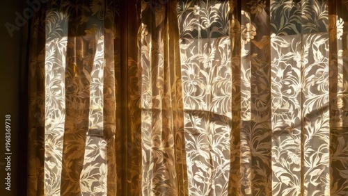 Golden Curtains in Sunlit Interior: Sunlight streams through a window adorned with intricate, golden curtains, casting warm shadows and illuminating the delicate patterns.