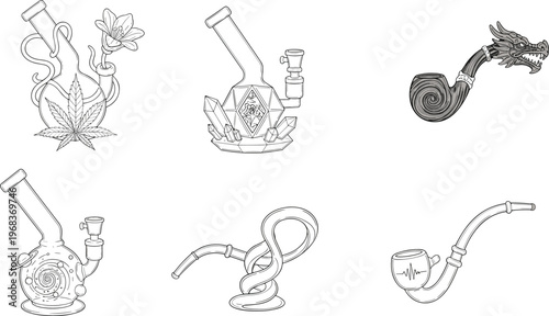 Artistic Vector Illustration Set of Decorative Glass Bongs Featuring Dragon Motif Crystal Base Floral Patterns and Unique Fantasy Smoking Pipes