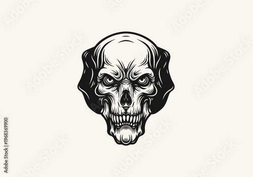 Gothic Monster Skull Illustration - Vintage Woodcut Style Engraving of a Creepy Mutant Demon Head for Tattoo Design or Mascot Logo