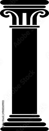 Classical pillar column icon in black flat style featuring architecture, colonnade, post, support and structure synonym elements for building, antique and design use