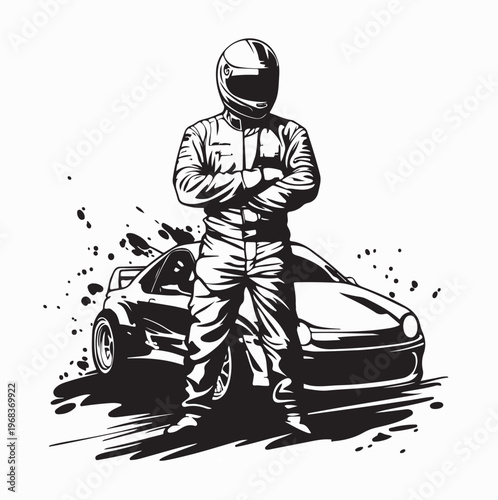 Professional Racer Character With Race Car Vector Illustration