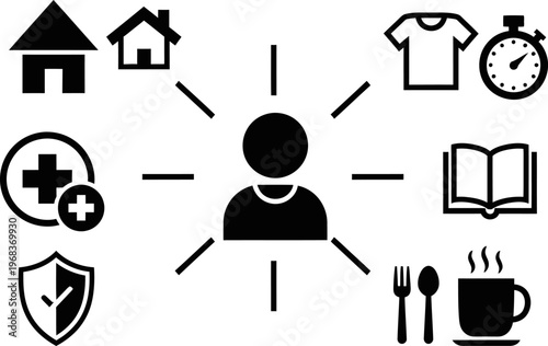 Black icons representing daily life activities