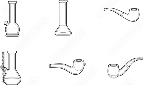 Minimalist Outline Vector Illustration Set of Glass Water Bongs Beaker Pipes and Classic Tobacco Smoking Hand Pipes on White Background