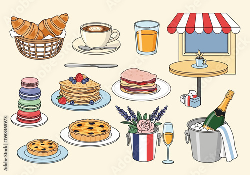 French Cafe Breakfast and Brunch Vector Illustration Set with Croissants, Macarons, Coffee, and Champagne