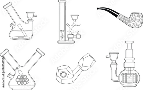 Outline Vector Illustration Set of Advanced Glass Bongs Honeycomb Percolator Water Pipes Geometric Hand Pipes and Wood Grain Tobacco Pipe