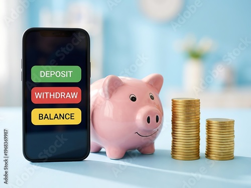 Smartphone with banking app and piggy bank with coins on blue surface for saving money and financial management  modern banking concept