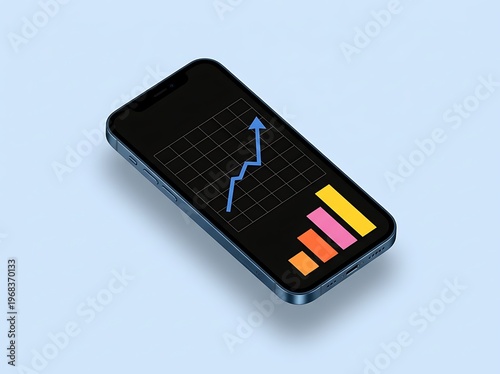 Smartphone with graph and chart on screen showing data analysis and statistics on a light blue background with shadow