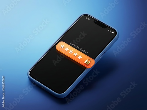 Smartphone with login screen and password field on blue gradient background  mobile phone security concept