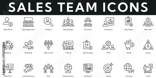 Sales Team icon collection contains person, department, prospect, manager, conversion, forecasting, report, meeting, marketing, funnel, training, strategy. Editable stroke vector illustration icon set