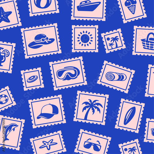 Retro Summer Beach Postage Stamp Seamless Pattern, Tropical Surf Vibes Postmark Tile Texture, Vintage Beach Vacation Postal Stickers Tile Texture for Textile, Wallpaper, Wrapping, Banner,  Print