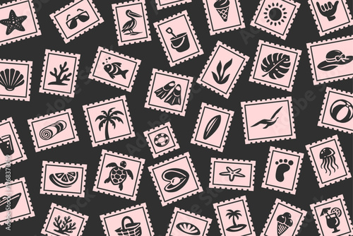 Retro Summer Beach Postage Stamp Seamless Pattern, Tropical Surf Vibes Repeat Background, Vintage Beach Vacation Postal Stickers Tile Texture for Textile, Wallpaper, Wrapping, Banner,  Print