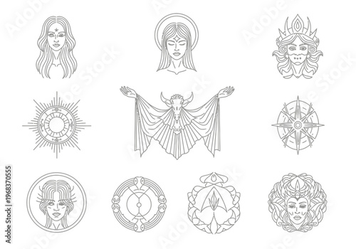 Set of Mystical Esoteric Line Art Illustrations Featuring Goddess Faces, Celestial Symbols, and Occult Icons for Spiritual Design and Modern Witchcraft Branding