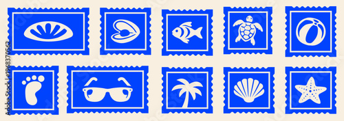 Retro Tropical Beach Postcard Stamp Set, Retro Summer Vibes Print, Ocean Travel Stamp, Vacation Postage Sticker Collection Vector Illustrations for T-Shirt, Scrapbook, Poster