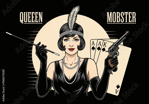 Vintage 1920s Mobster Queen Illustration - Roaring Twenties Flapper Girl with Revolver, Cigarette Holder, and Poker Playing Cards