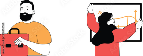 Professional man holding briefcase while woman presents graph on large screen with upward trend line