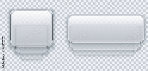 Liquid glass push button on transparent, 3d light frame banner set. vector illustration. square and rectangle 