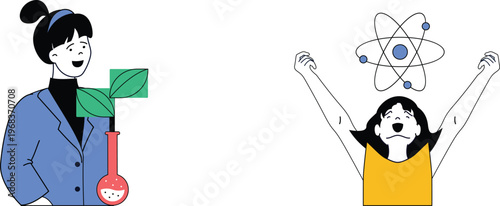 Two enthusiastic individuals celebrating science with a mix of chemistry and atomic energy excitement