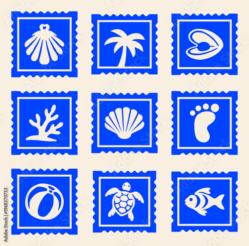 Set of Vintage Tropical Beach Postcard Stamp Elements, Retro Ocean Vibes Print, Summer Travel Stamp, Vacation Postage Sticker Collection Vector Illustrations for T-Shirt, Scrapbook, Poster