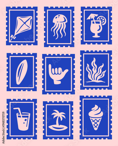 Vintage Tropical Summer Print Set, Retro Beach Surf Postcard Stamp Elements Collection, Coastal Travel Stamp, Vacation Postage Sticker Collection Vector Illustrations for T-Shirt, Scrapbook, Poster