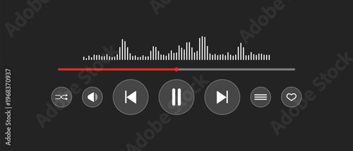 Glass audio video player buttons, Playlist tracker interface icons, Player screen with buttons and music playback bar