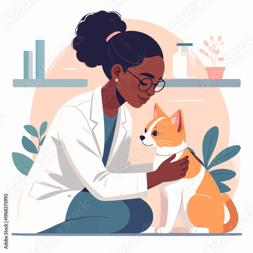 Veterinarian examining a dog with care and affection in clinic.