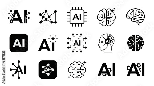 Artificial Intelligence Icons Representing Machine Learning, Neural Networks, and Brain-Inspired Computing