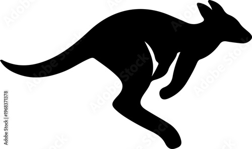 Kangaroo Silhouette on white background: A sleek, black silhouette of a kangaroo in mid-leap, showcasing the iconic marsupial's powerful form and dynamic movement.