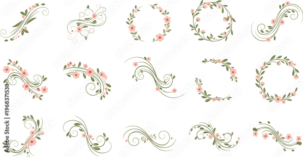 Obraz premium Delicate Floral Wreaths and Swirl Elements Set with Pink Flowers and Green Leaves for Wedding Invitations, Branding, and Elegant Botanical Design
