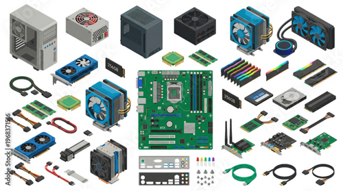 Isometric illustration showcasing a diverse collection of essential computer hardware components and electronic parts, ideal for conceptualizing modern PC builds, upgrades, and technology education