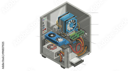 Isometric illustration of computer internal hardware, detailing essential components motherboard, processor, memory, graphics card, and power supply unit within a desktop PC