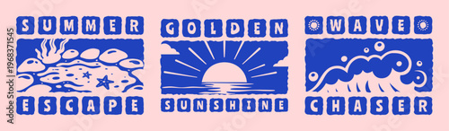 Set of Summer Time Flat Illustration for T-Shirt Print, Retro Tropical Beach Graphic with Tide pool, Sunset, Waves for Apparel, Poster, Scrapbook, Coastal Design