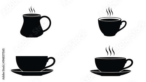 Four black coffee and tea cups in a minimalist silhouette