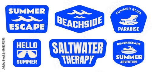 Retro Summer Beach Surf Stickers , Patches, Badges Collection Vector Illustration, Vintage Coastal Ocean Quote Label Graphics for T-Shirt Prints, Posters, Scrapbook, Tropical Designs