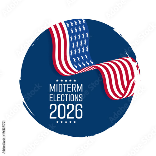 2026 USA Midterm Elections Design with Waving Flag and Circular Brush Stroke Vector