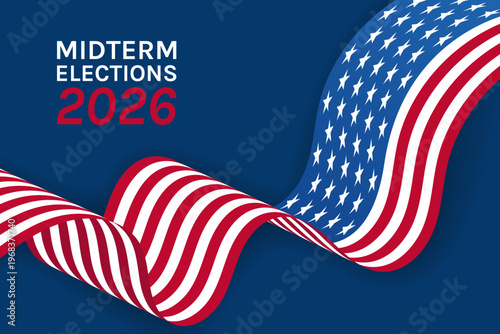 United States Elections 2026 Banner with American Flag Waving on Blue Background Vector Illustration
