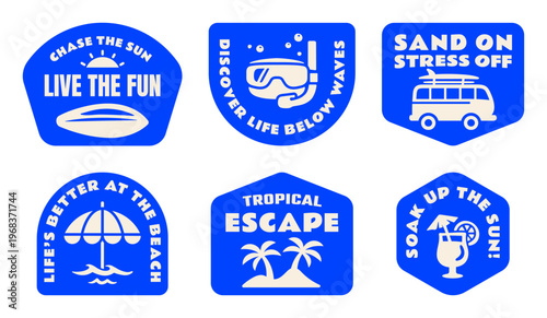 Retro Summer Beach Stickers, Patches, Badges Collection Vector Illustration, Vintage Coastal Surf Quote Label Graphics for T-Shirt Prints, Posters, Scrapbook, Tropical Designs