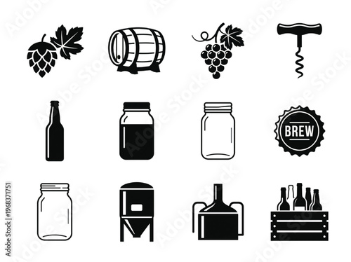 Collection of beer brewing icons and symbols including hops, barrels, bottles, jars, and brewing equipment