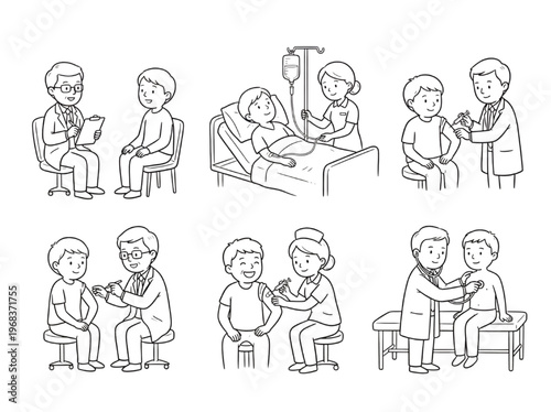 Illustration of medical scenes depicting doctor-patient interactions and healthcare procedures