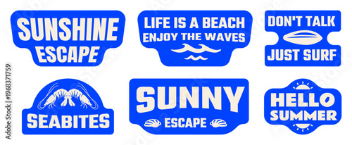 Retro Summer Beach Stickers, Patches, Badges Collection Vector Illustration, Vintage Coastal Quote Label Graphics for T-Shirt Prints, Posters, Scrapbook, Tropical Designs