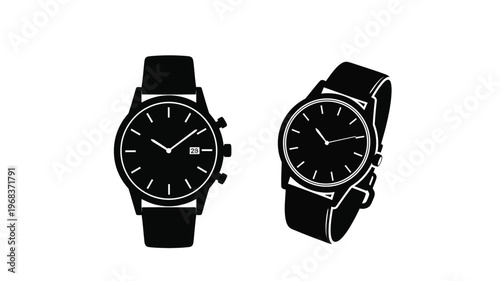 Two wristwatches displayed against a white background black silhouette